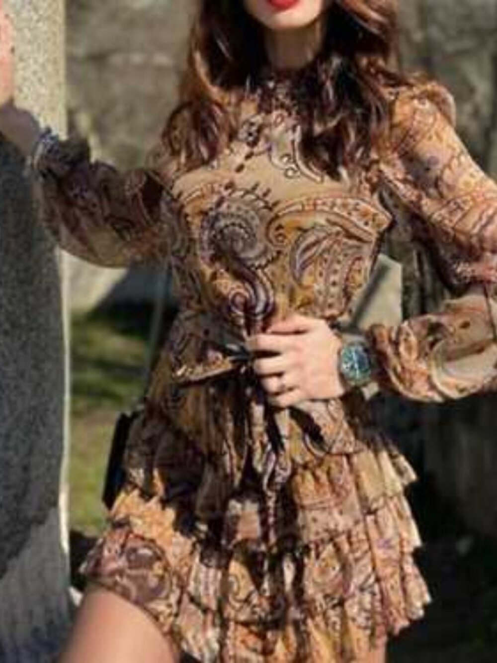 Zara Dress Women XXL Brown Paisley Ruffle Belted Mini Boho Whimsigoth Fairy NWT